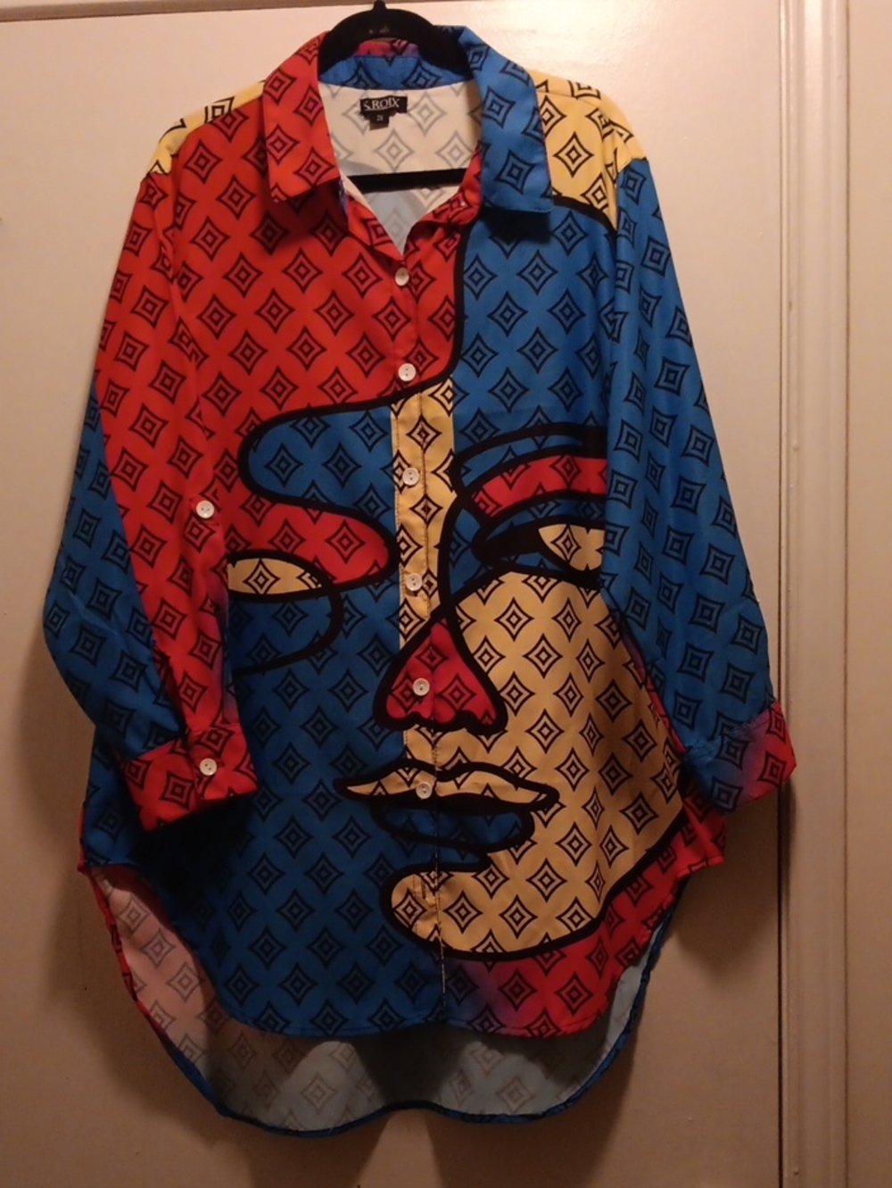 Bold Colorblock Face Print Button-Up Shirt